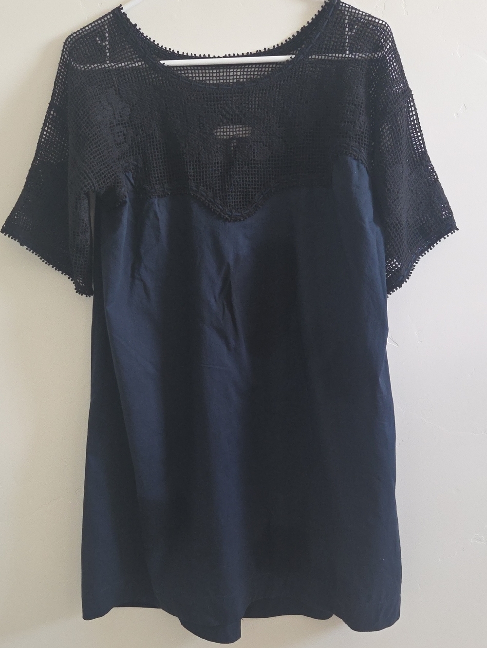 THE GREAT. Navy Crochet Yoke Tunic Top